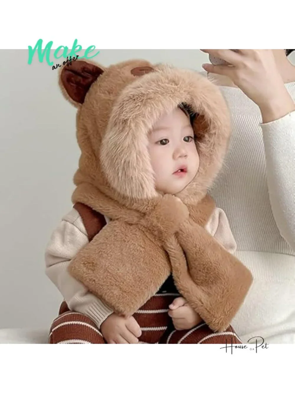 Plush Capybara Hooded Scarf Hat 2-in-1 Faux Fur Bear Ears Winter Warm